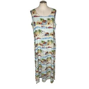 Vintage Weekend Clothes Line Tropical Island Print Rayon Maxi Dress XL